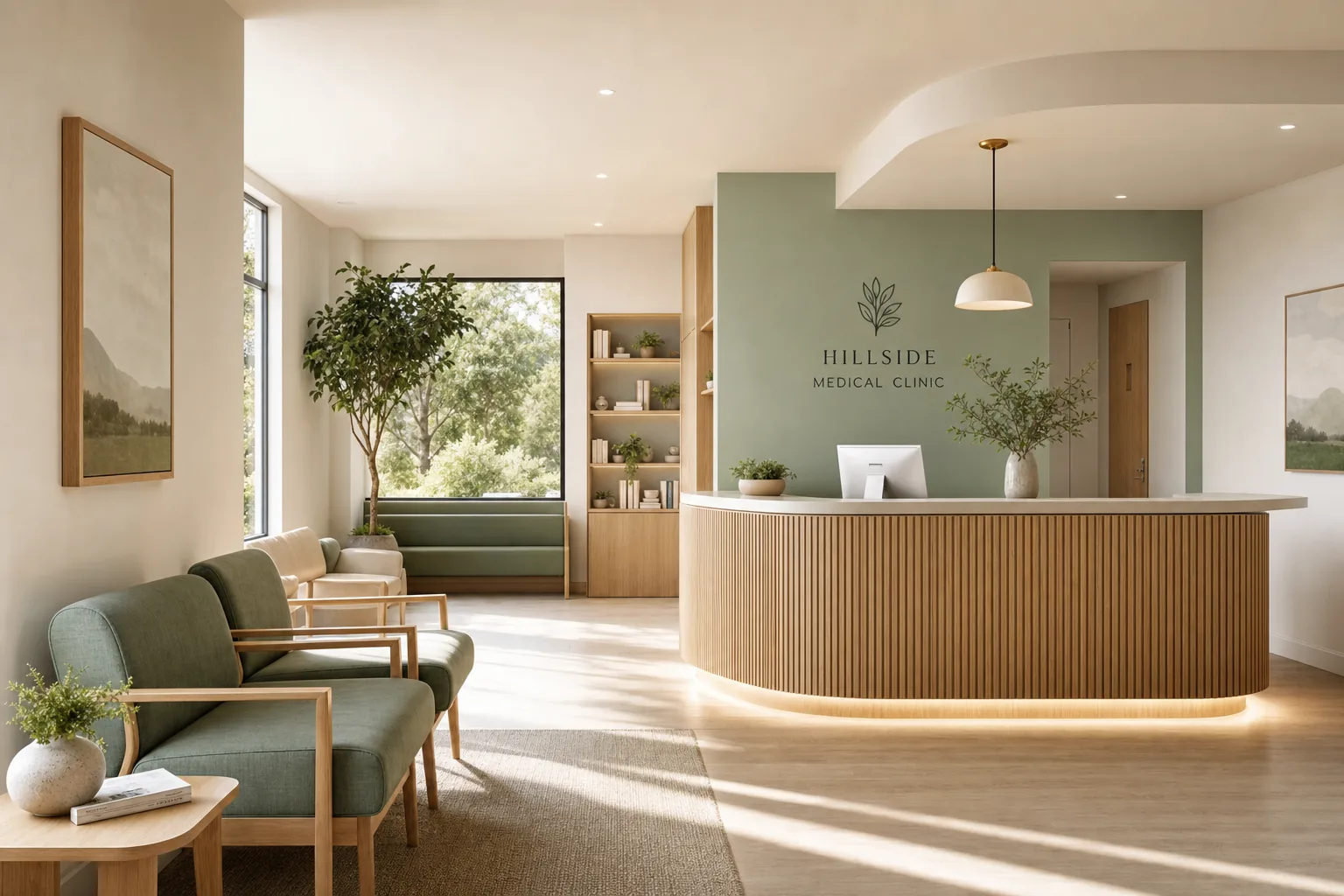 Recepție de clinică modernă, caldă și luminoasă